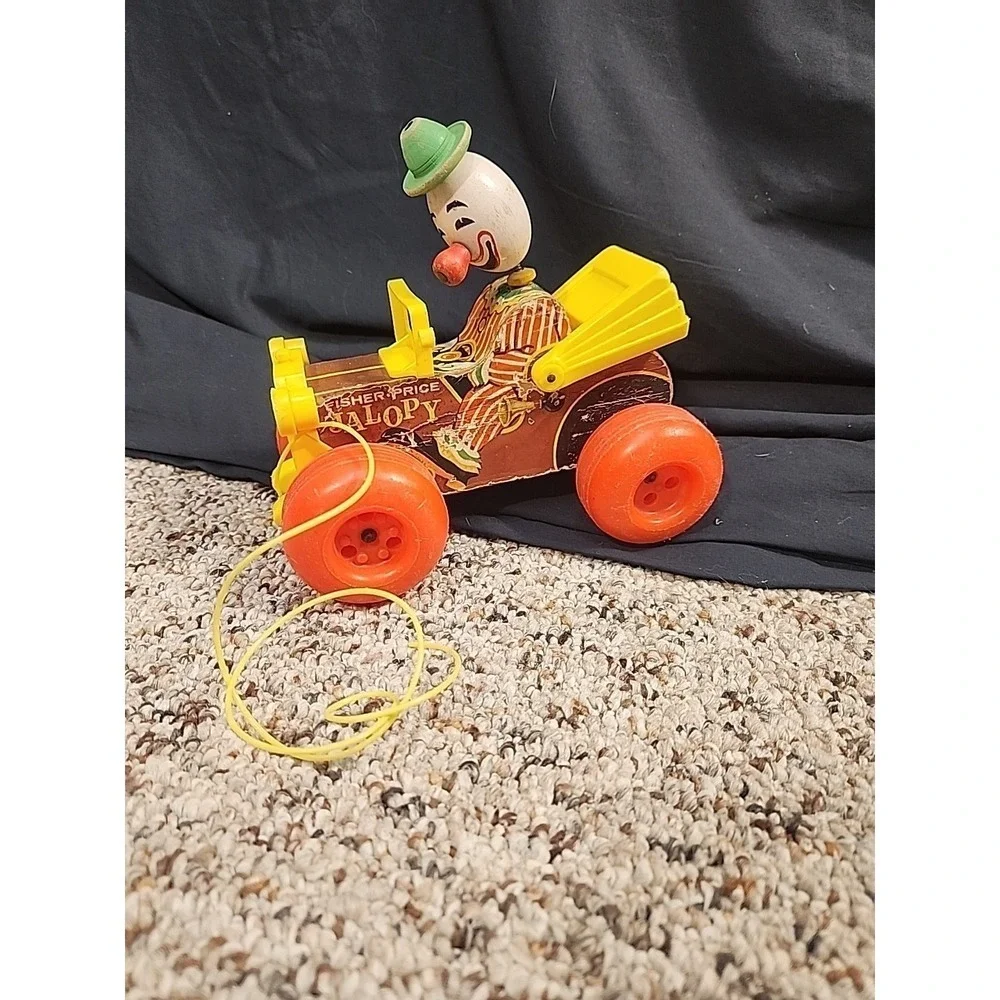 Vintage 1965 Fisher Price Jolly Jalopy Clown Drive Wooden Pull Toy #724